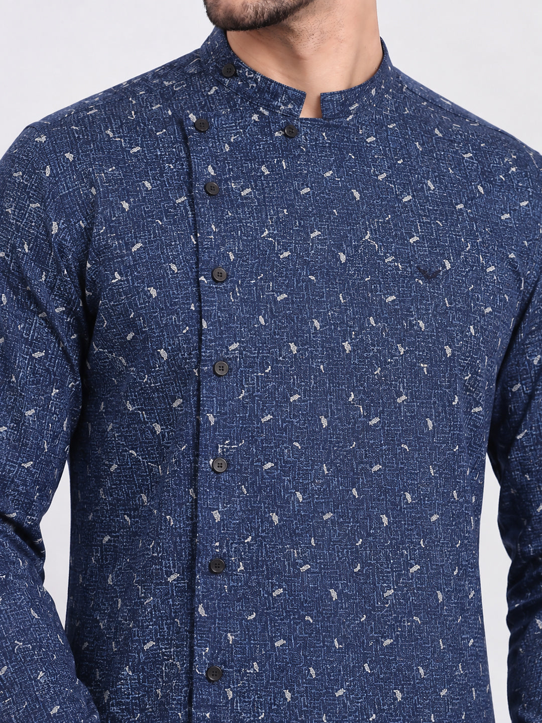 Men’s Printed Blue Slim Fit Mandarin Collar Long Sleeves Shirt