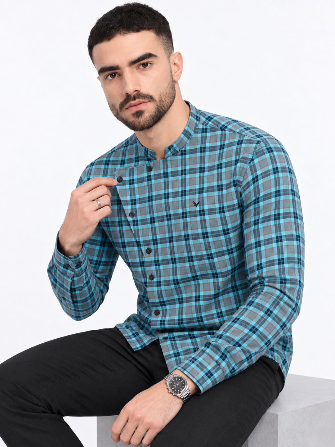 Men’s Checked Grey Slim Fit Mandarin Collar Long Sleeves Shirt