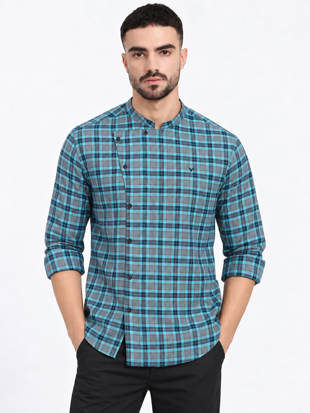 Men’s Checked Grey Slim Fit Mandarin Collar Long Sleeves Shirt