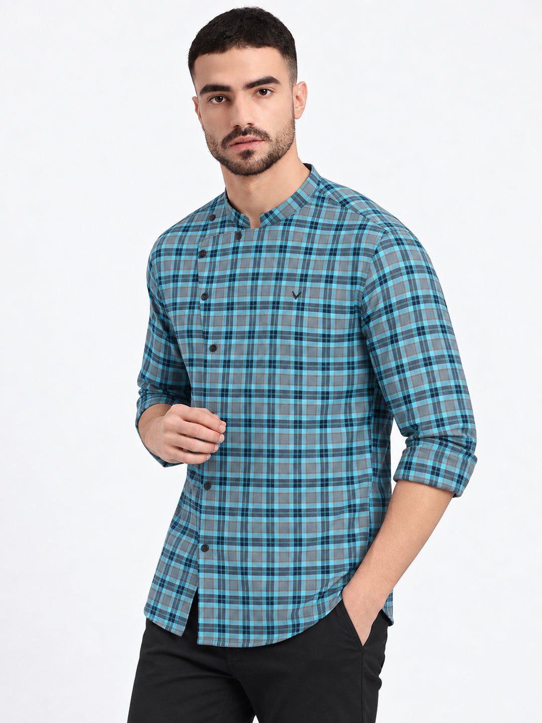 Men’s Checked Grey Slim Fit Mandarin Collar Long Sleeves Shirt