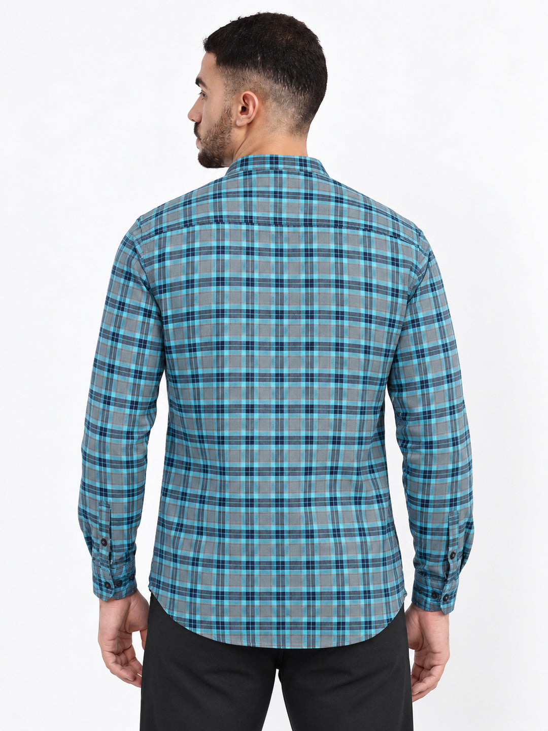 Men’s Checked Grey Slim Fit Mandarin Collar Long Sleeves Shirt
