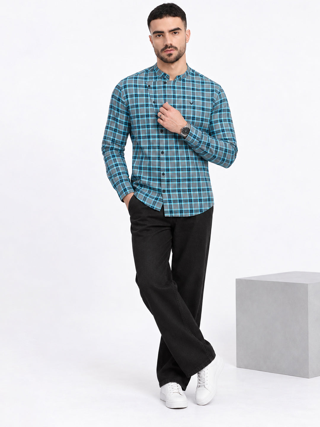 Men’s Checked Grey Slim Fit Mandarin Collar Long Sleeves Shirt