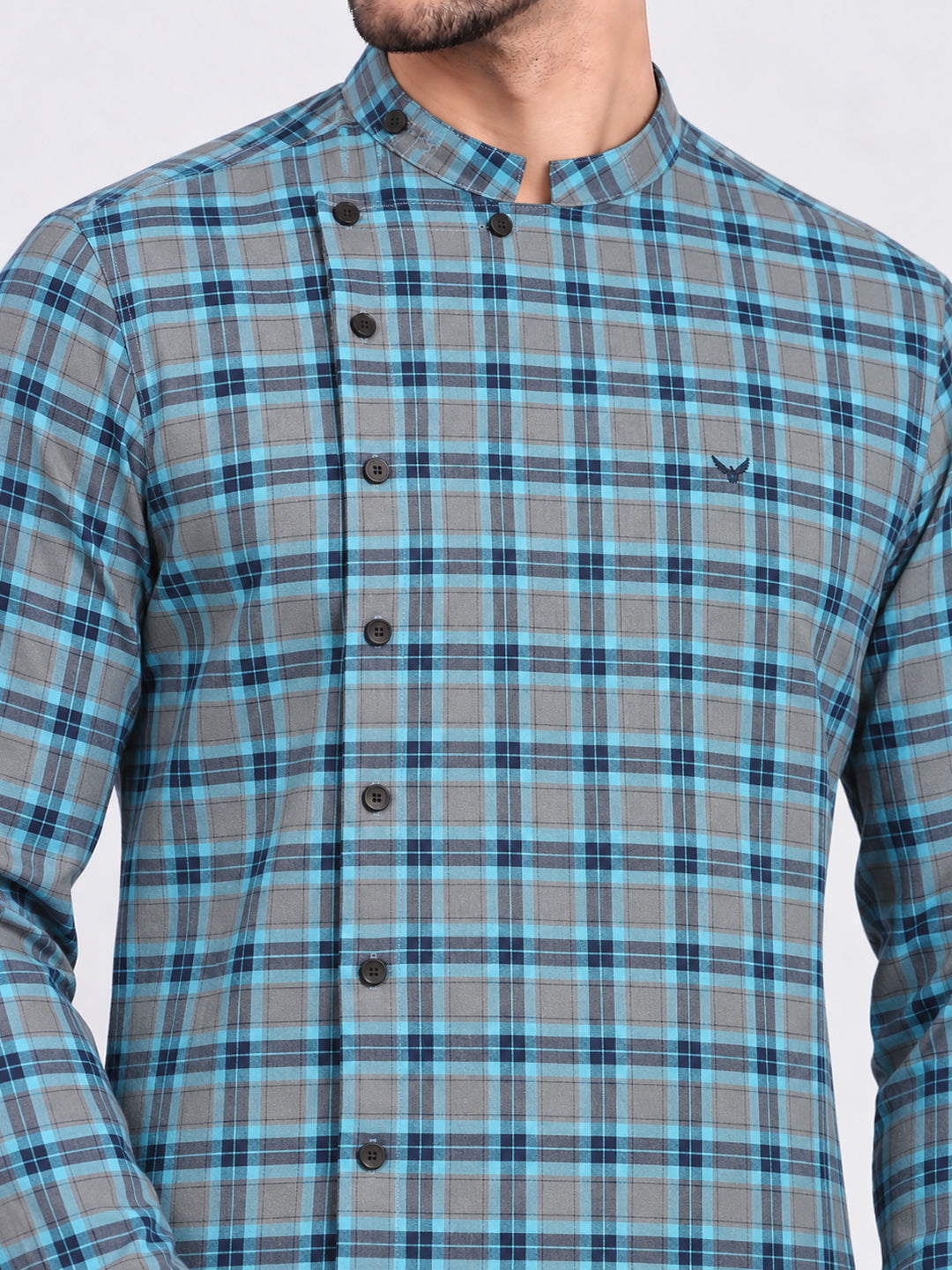 Men’s Checked Grey Slim Fit Mandarin Collar Long Sleeves Shirt