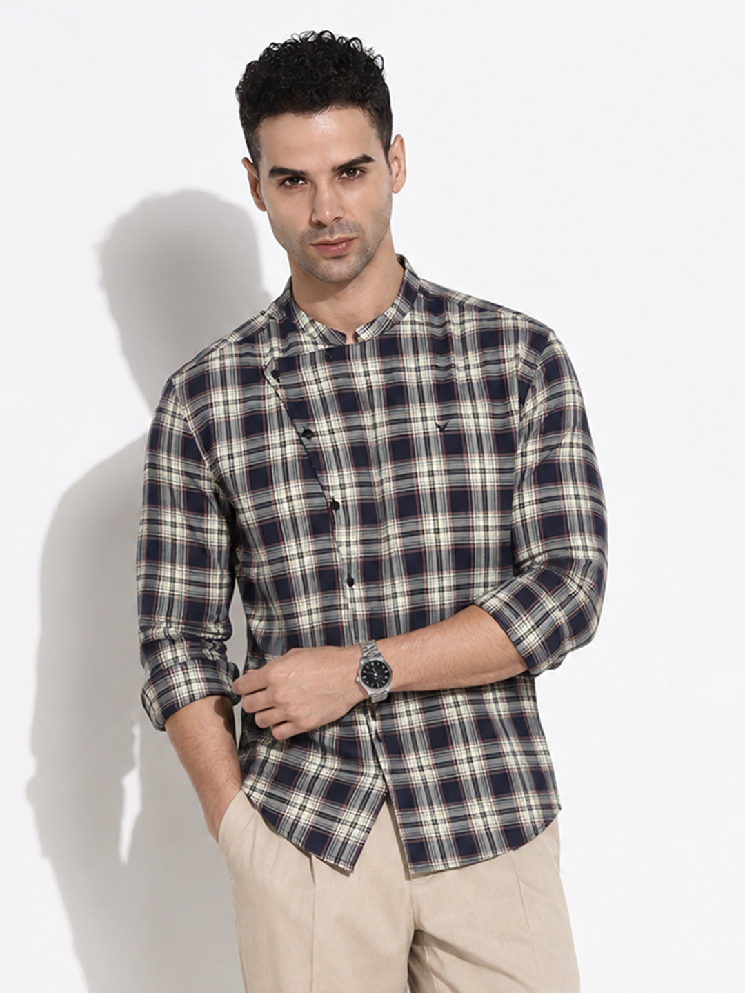 Men’s Tartan Checked Beige Slim Fit Mandarin Collar Long Sleeves Shirt