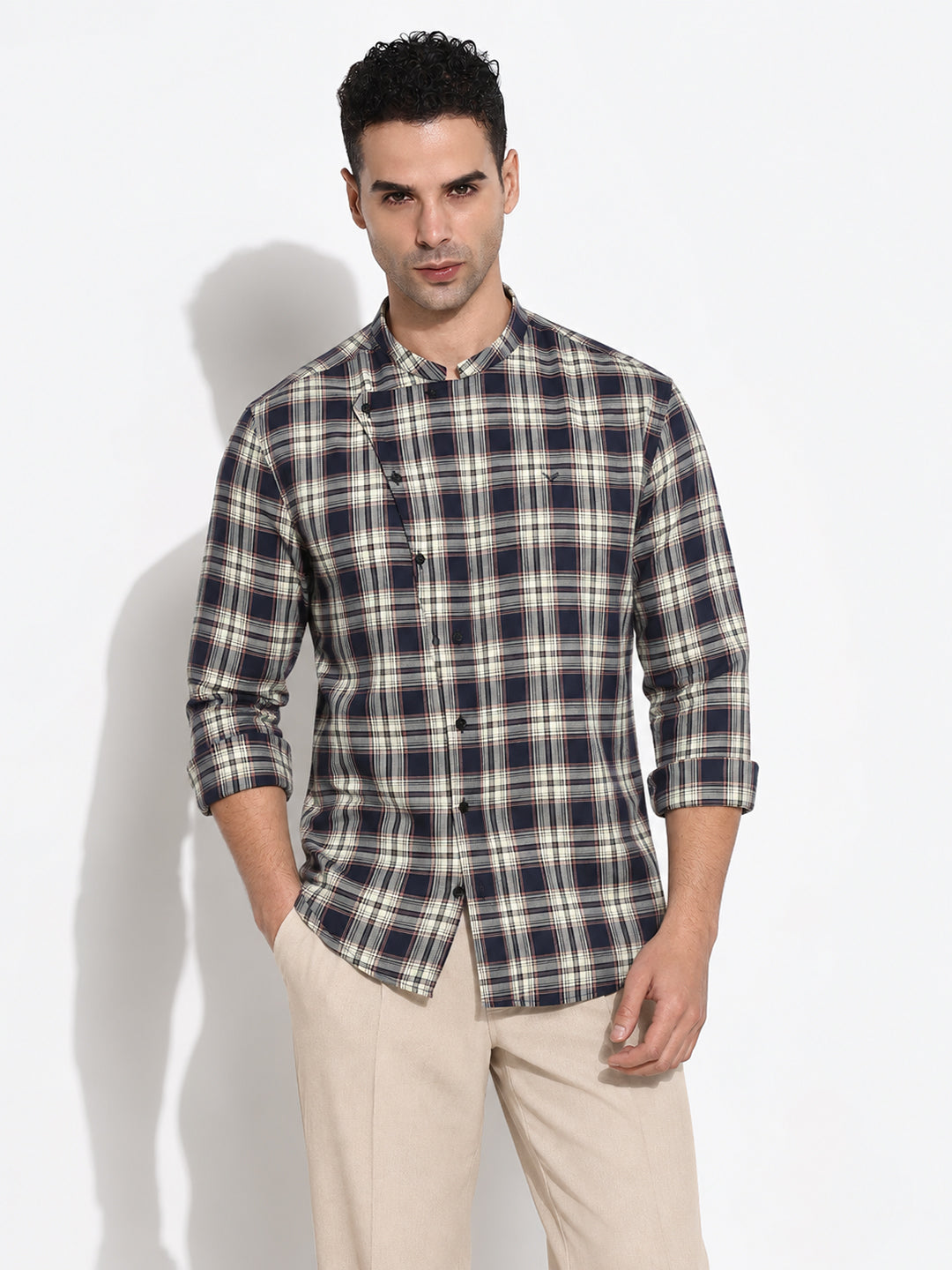Men’s Tartan Checked Beige Slim Fit Mandarin Collar Long Sleeves Shirt