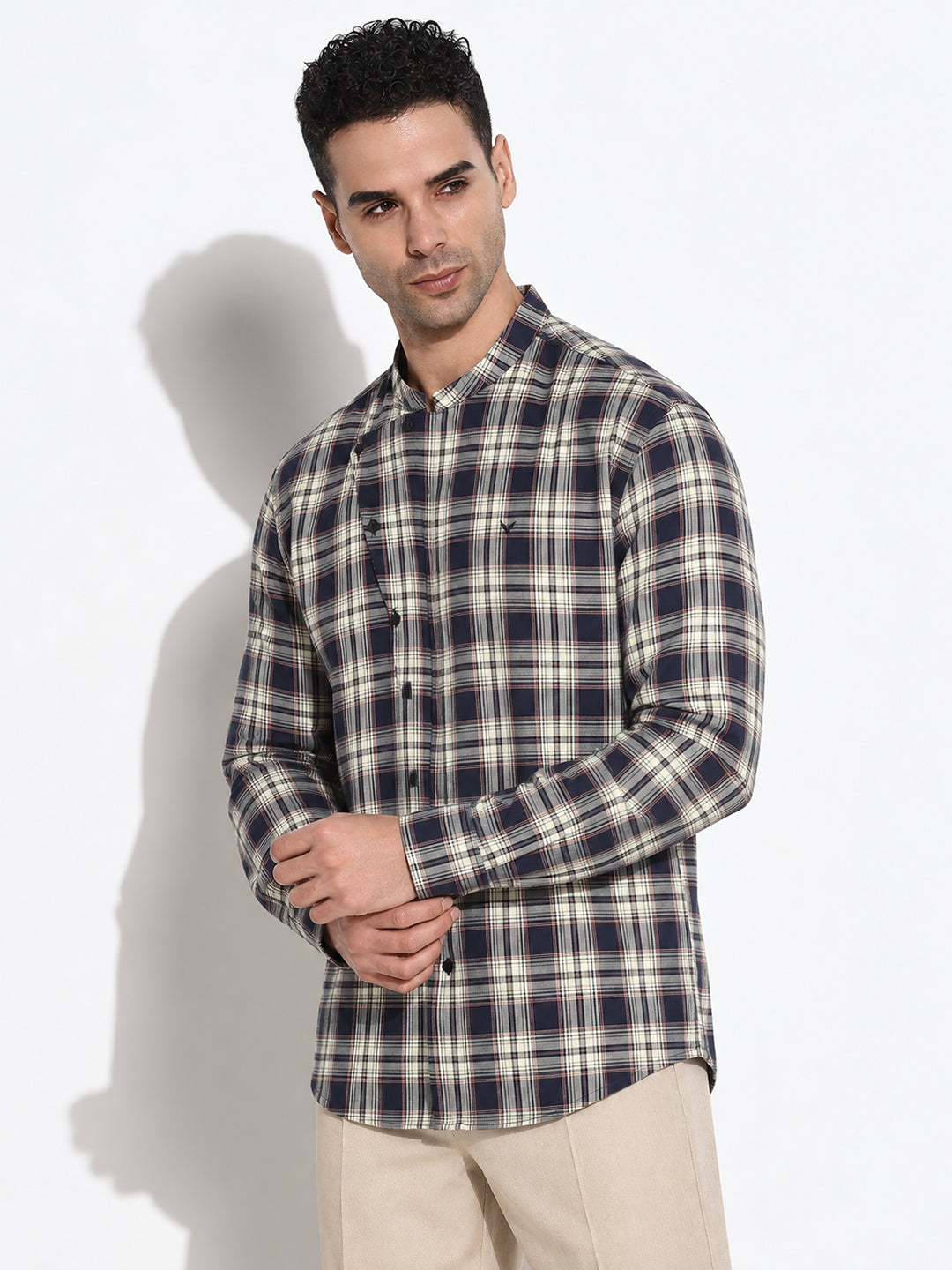 Men’s Tartan Checked Beige Slim Fit Mandarin Collar Long Sleeves Shirt