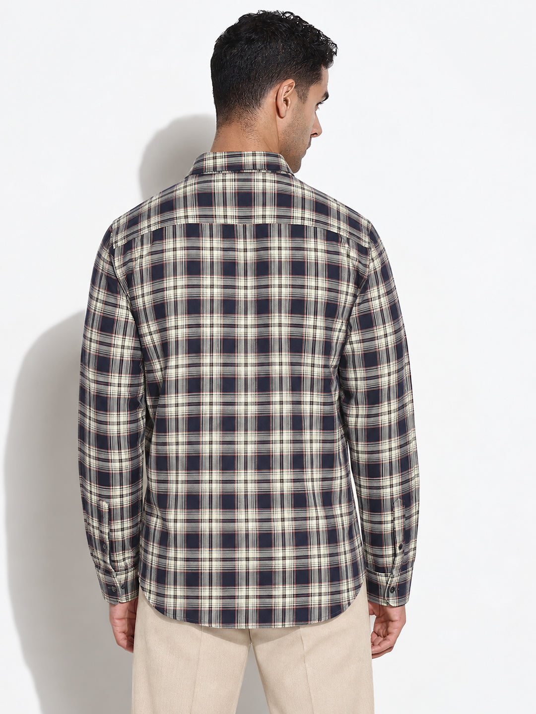 Men’s Tartan Checked Beige Slim Fit Mandarin Collar Long Sleeves Shirt