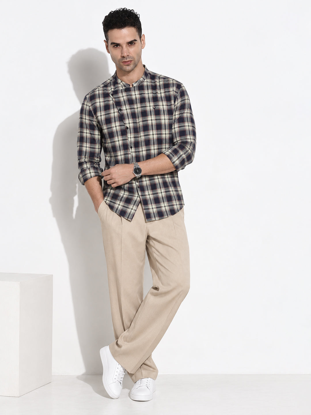 Men’s Tartan Checked Beige Slim Fit Mandarin Collar Long Sleeves Shirt