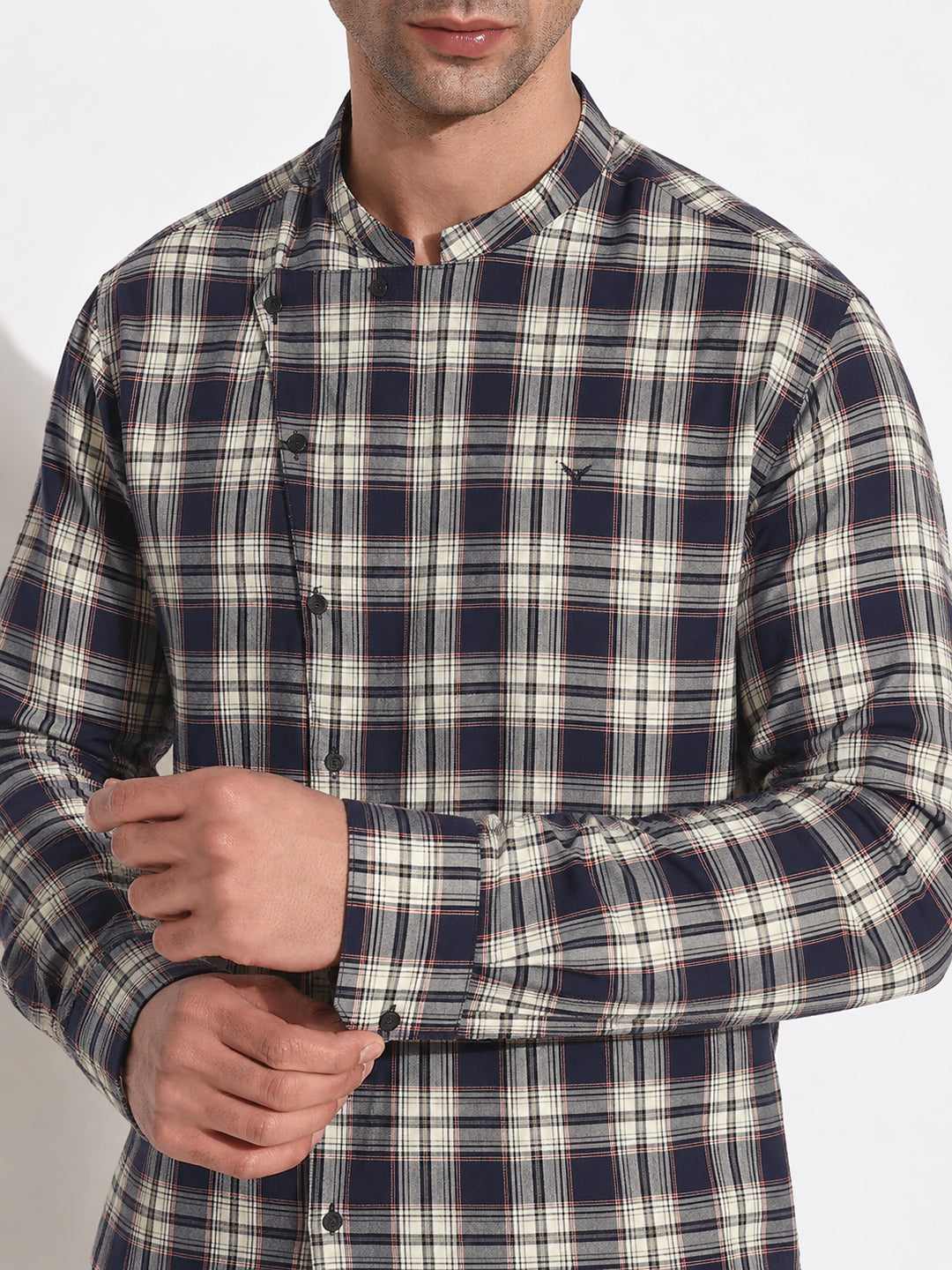 Men’s Tartan Checked Beige Slim Fit Mandarin Collar Long Sleeves Shirt