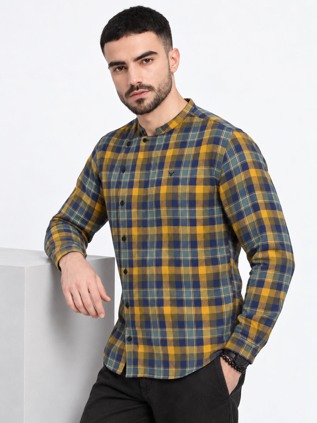 Men’s Tartan Checked Yellow Mandarin Collar Long Sleeves Shirt