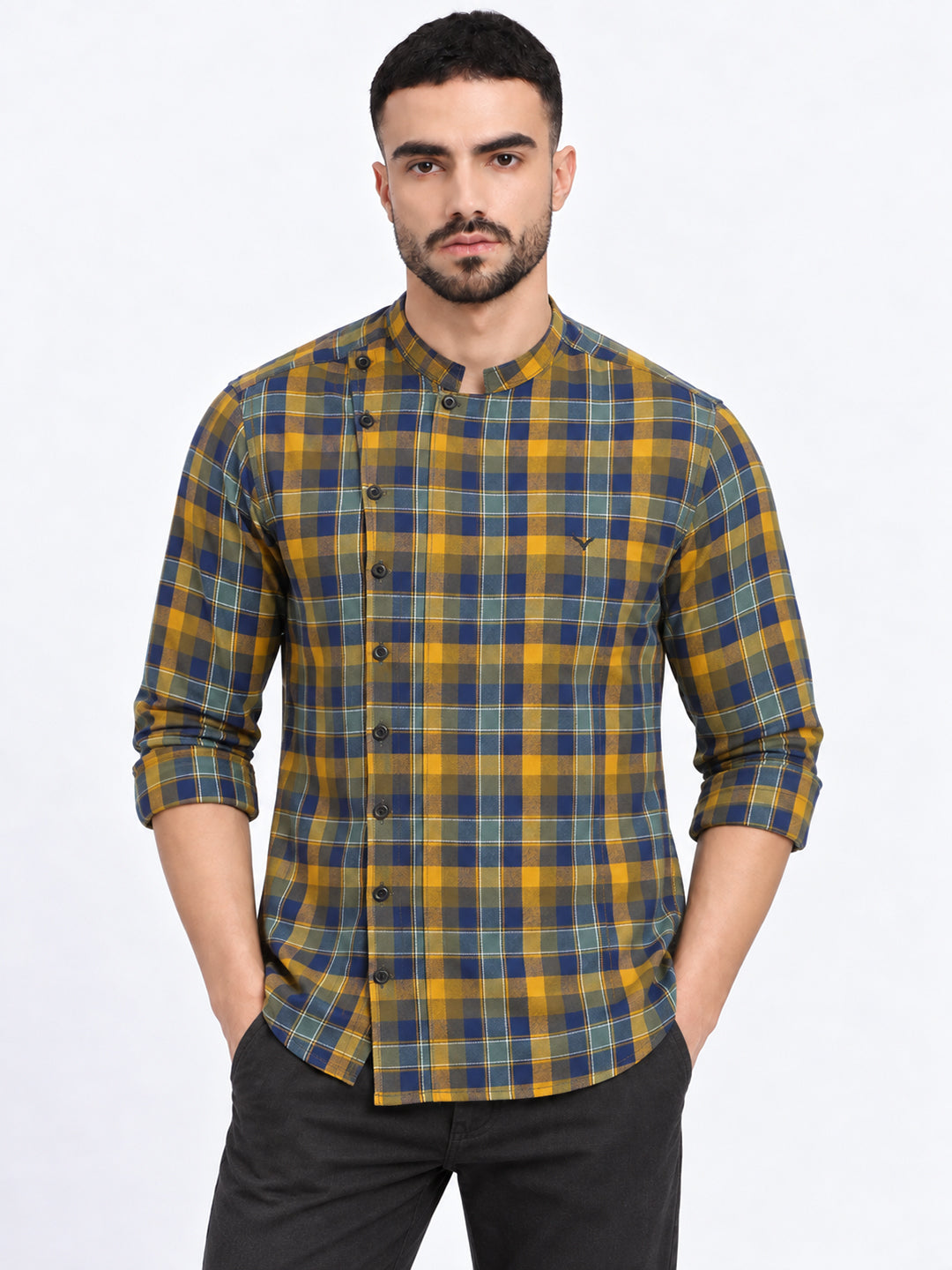 Men’s Tartan Checked Yellow Mandarin Collar Long Sleeves Shirt