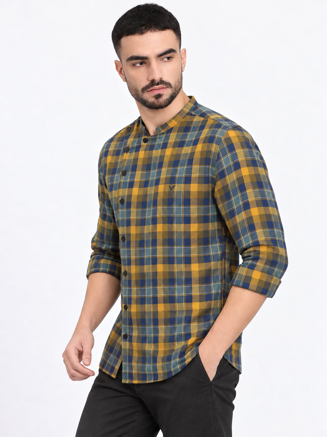 Men’s Tartan Checked Yellow Mandarin Collar Long Sleeves Shirt