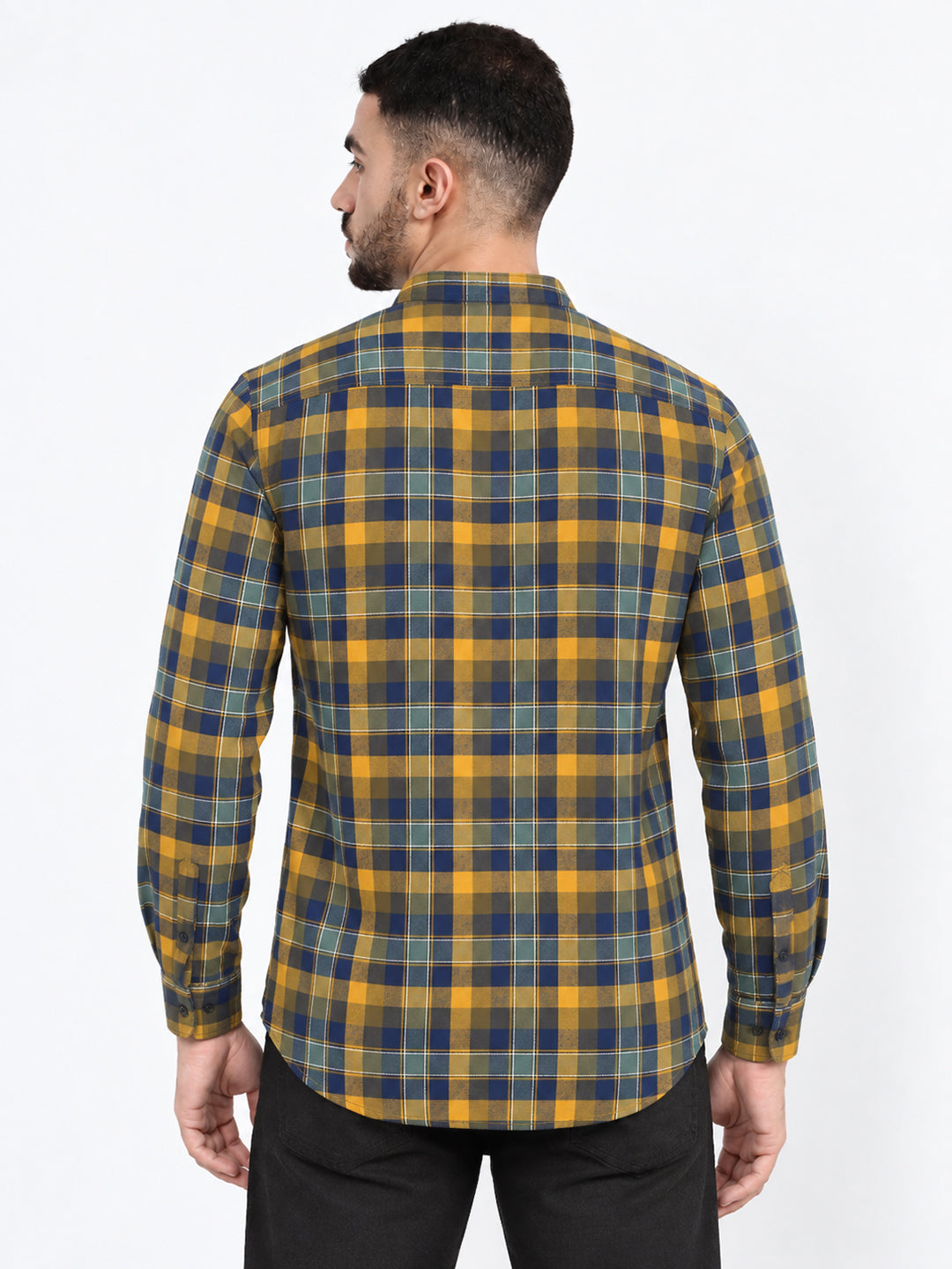 Men’s Tartan Checked Yellow Mandarin Collar Long Sleeves Shirt
