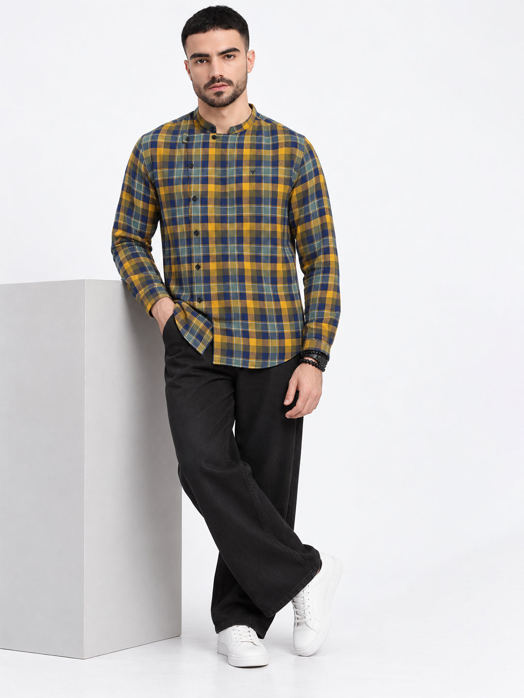 Men’s Tartan Checked Yellow Mandarin Collar Long Sleeves Shirt