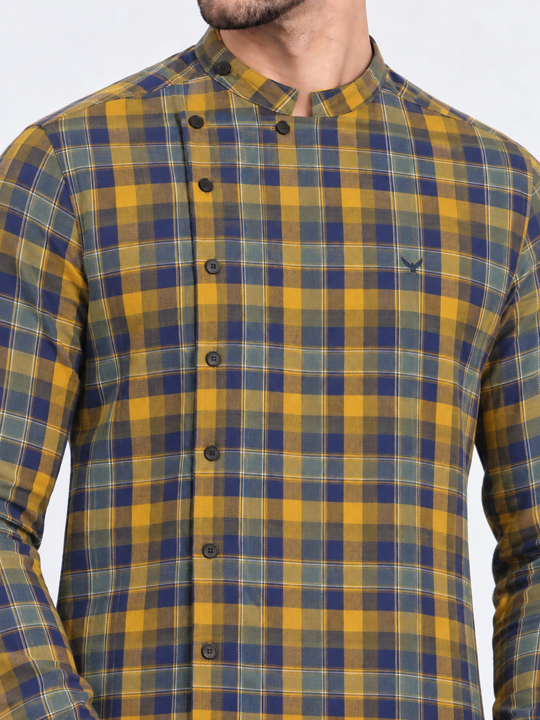 Men’s Tartan Checked Yellow Mandarin Collar Long Sleeves Shirt