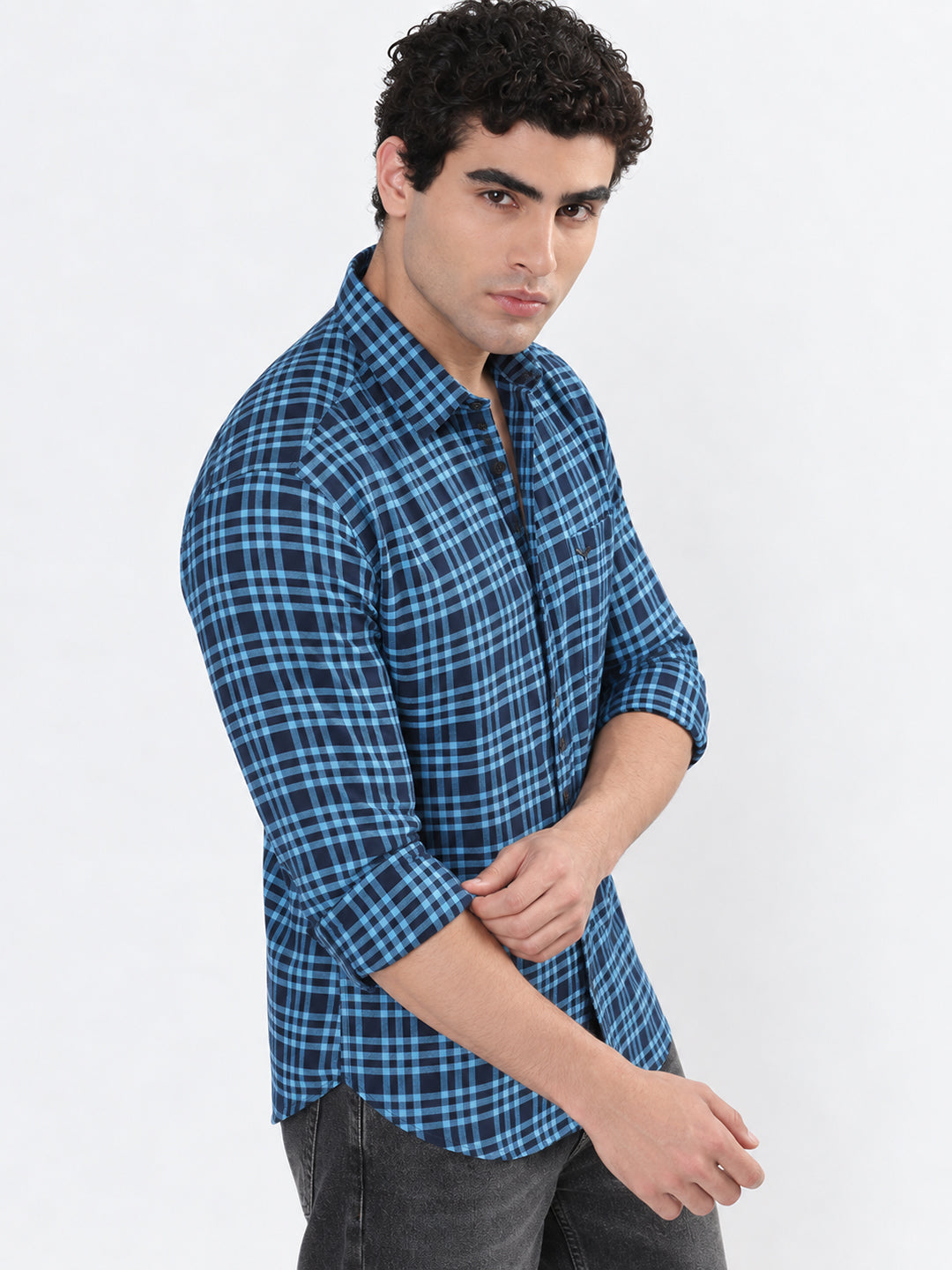 Men’s Tartan Checked Blue Slim Fit Long Sleeves Casual Shirt