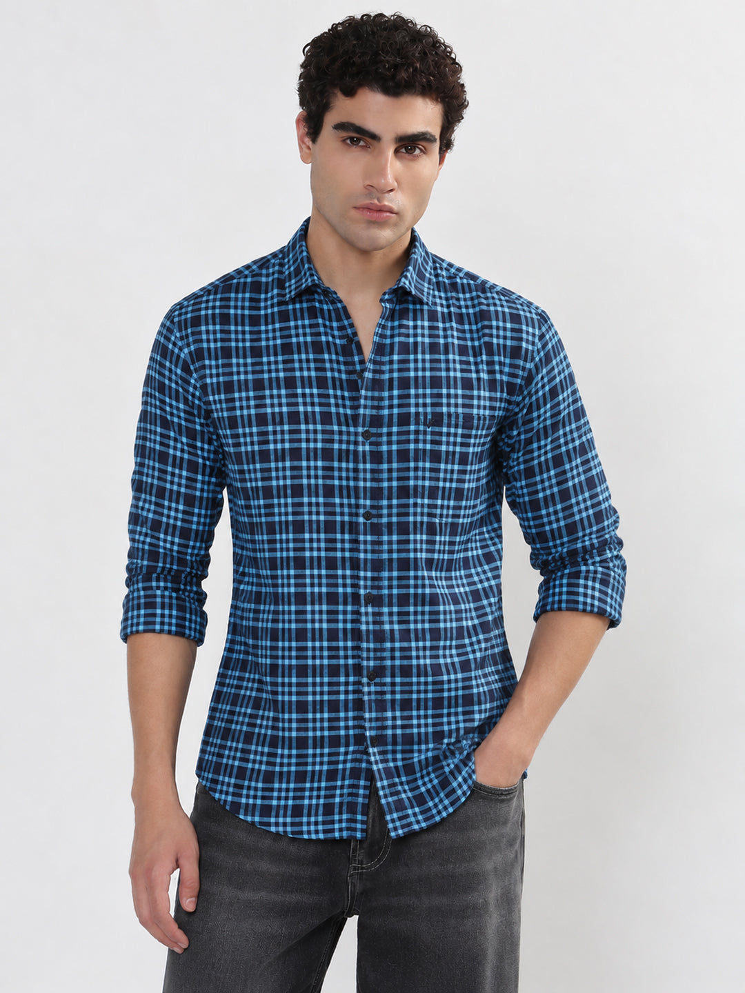 Men’s Tartan Checked Blue Slim Fit Long Sleeves Casual Shirt