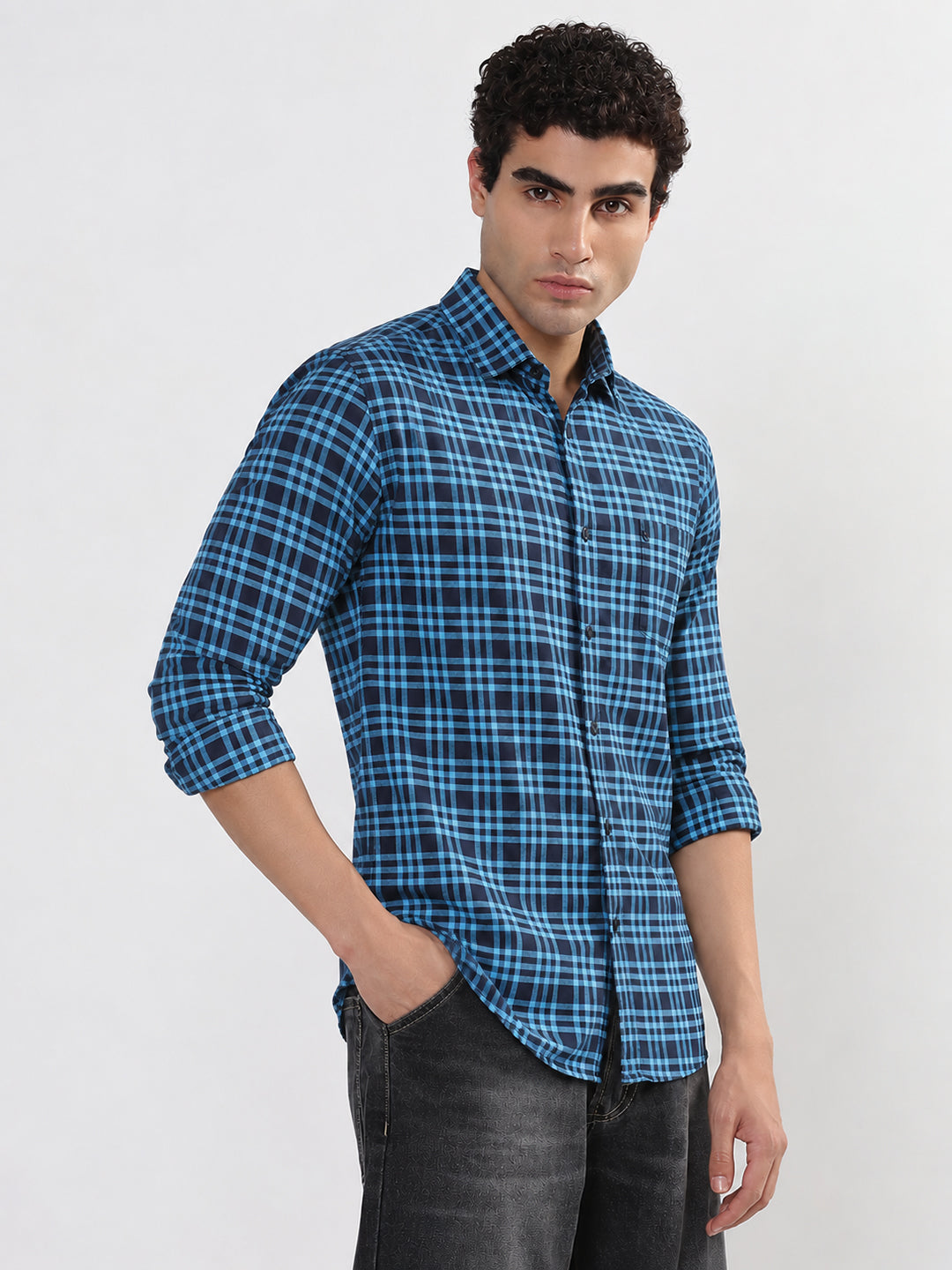 Men’s Tartan Checked Blue Slim Fit Long Sleeves Casual Shirt