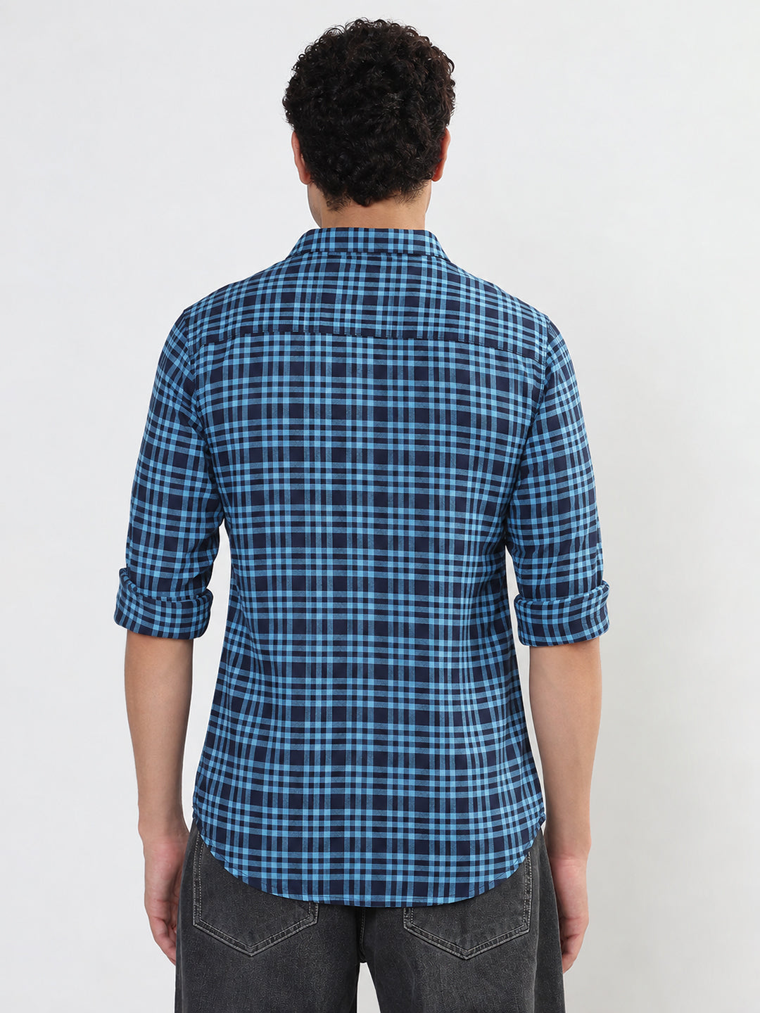 Men’s Tartan Checked Blue Slim Fit Long Sleeves Casual Shirt