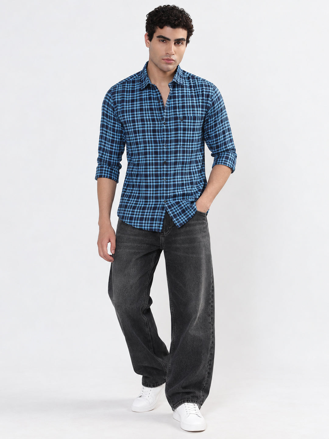 Men’s Tartan Checked Blue Slim Fit Long Sleeves Casual Shirt