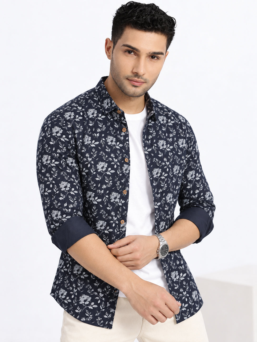 Men’s Floral Printed Navy Blue Slim Fit Long Sleeves Casual Shirt