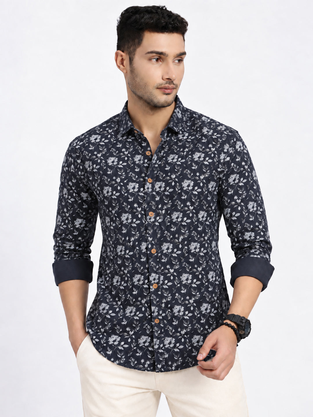 Men’s Floral Printed Navy Blue Slim Fit Long Sleeves Casual Shirt