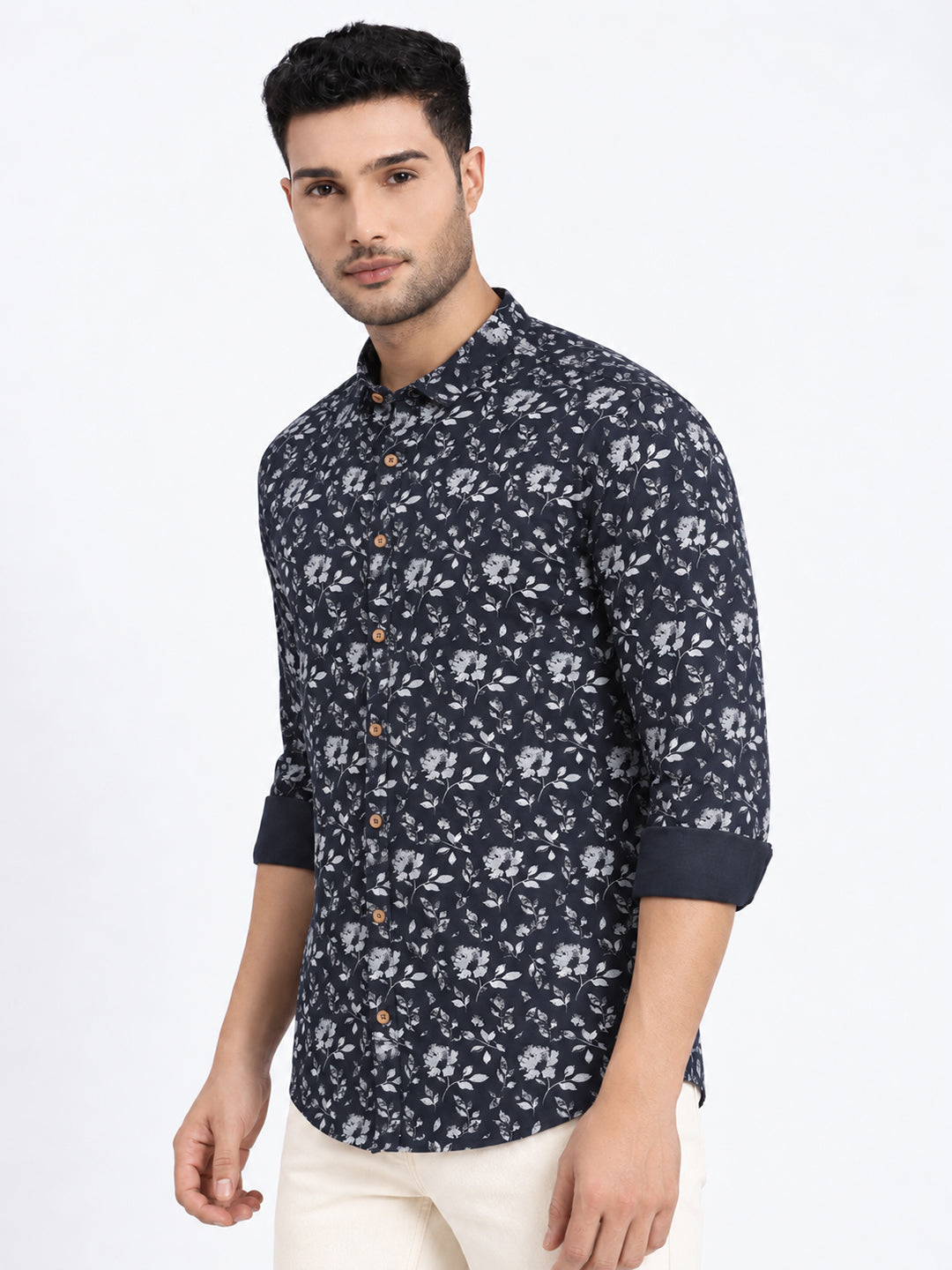 Men’s Floral Printed Navy Blue Slim Fit Long Sleeves Casual Shirt