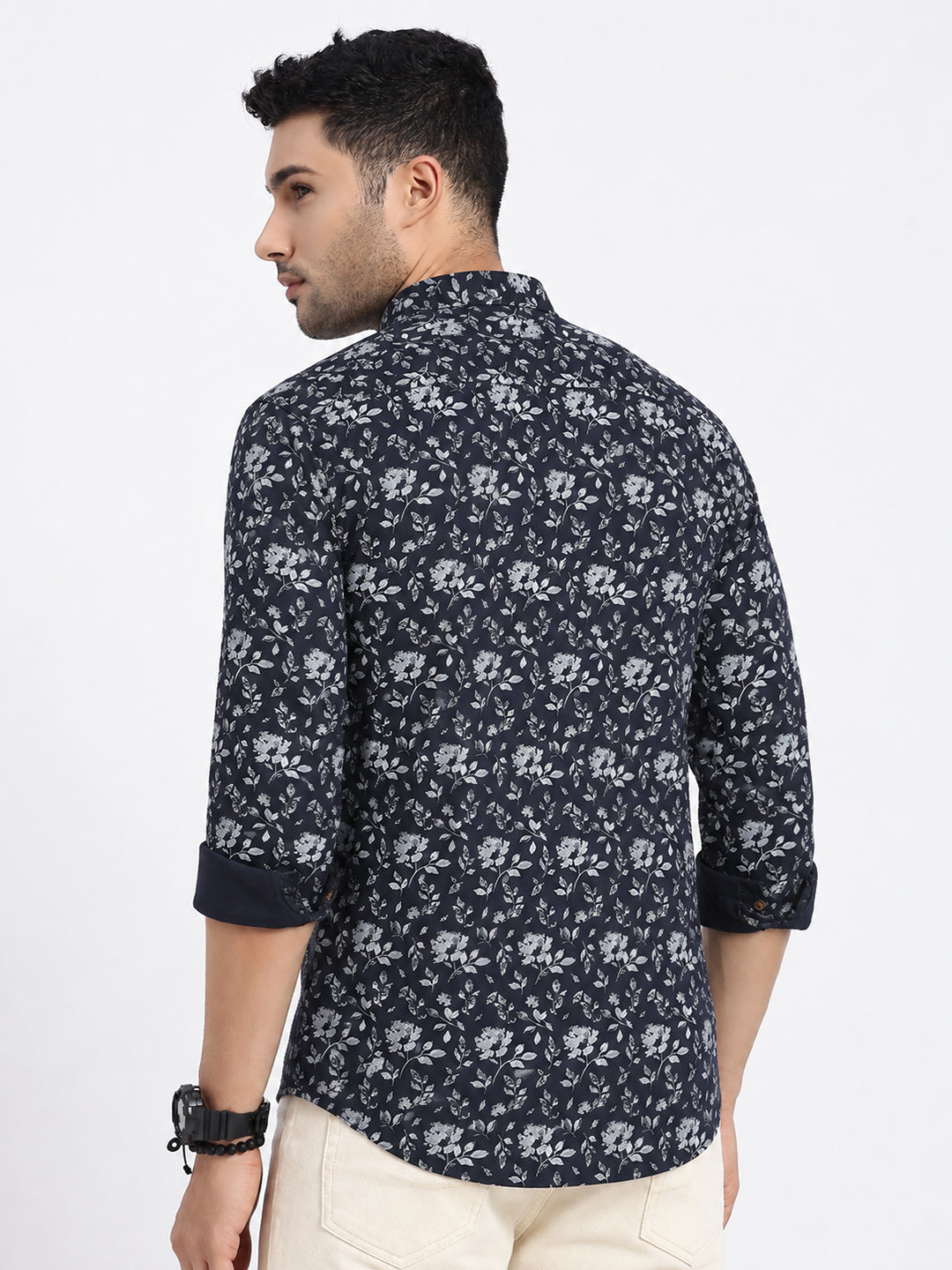 Men’s Floral Printed Navy Blue Slim Fit Long Sleeves Casual Shirt