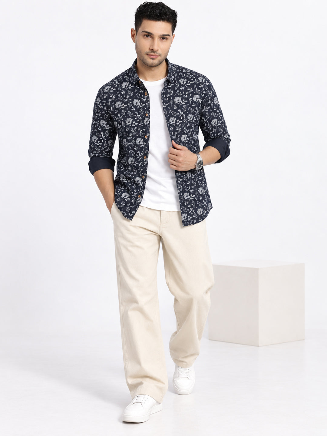 Men’s Floral Printed Navy Blue Slim Fit Long Sleeves Casual Shirt