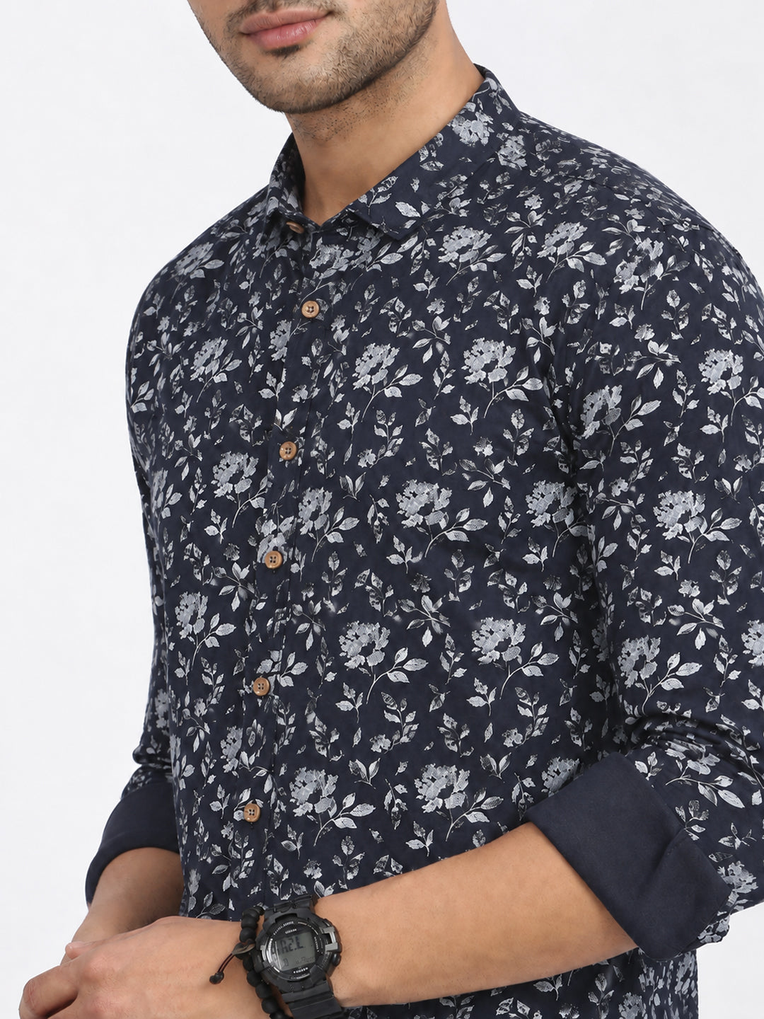 Men’s Floral Printed Navy Blue Slim Fit Long Sleeves Casual Shirt