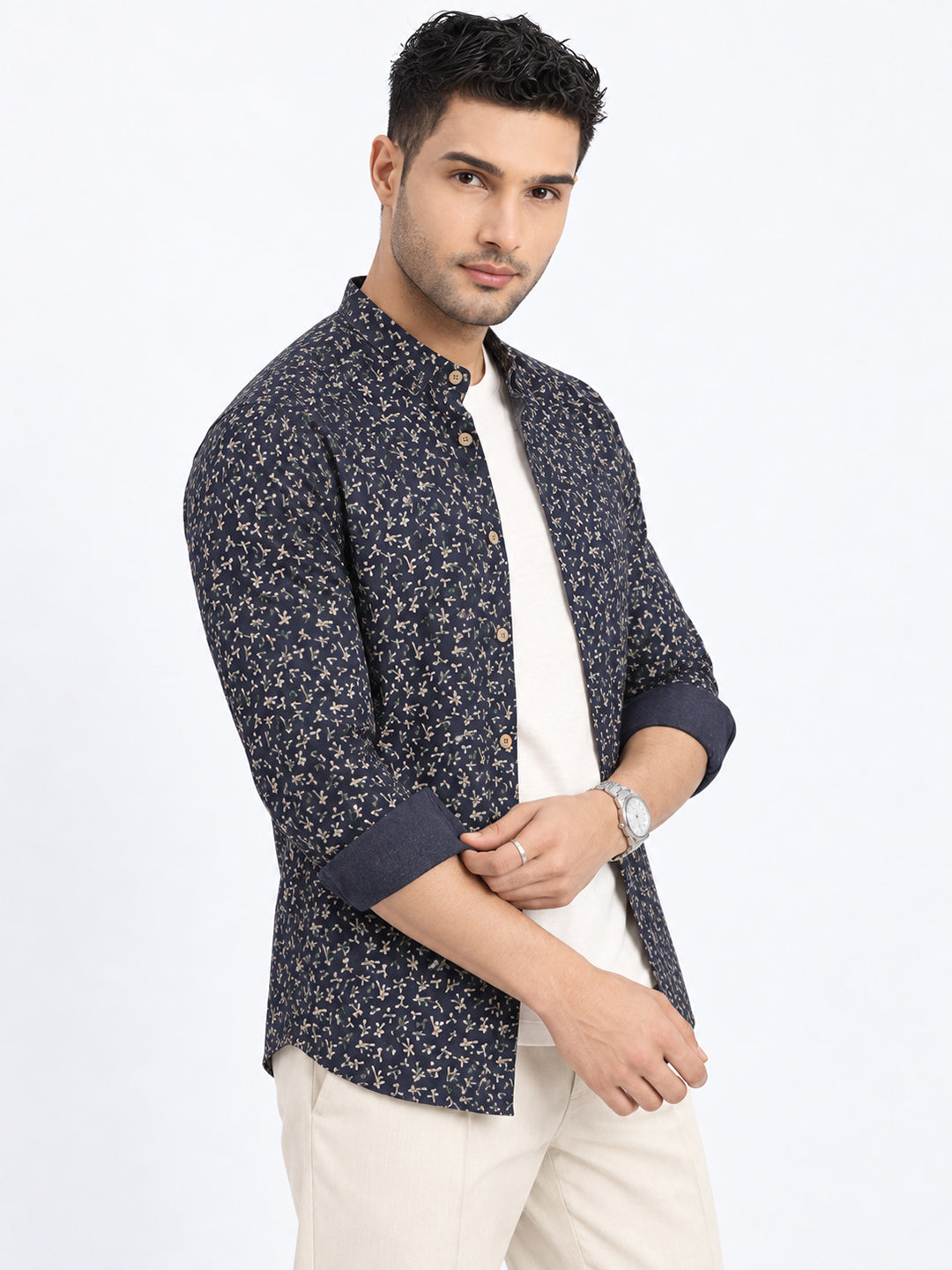 Men’s Micro Printed Navy Blue Slim Fit Long Sleeves Casual Shirt
