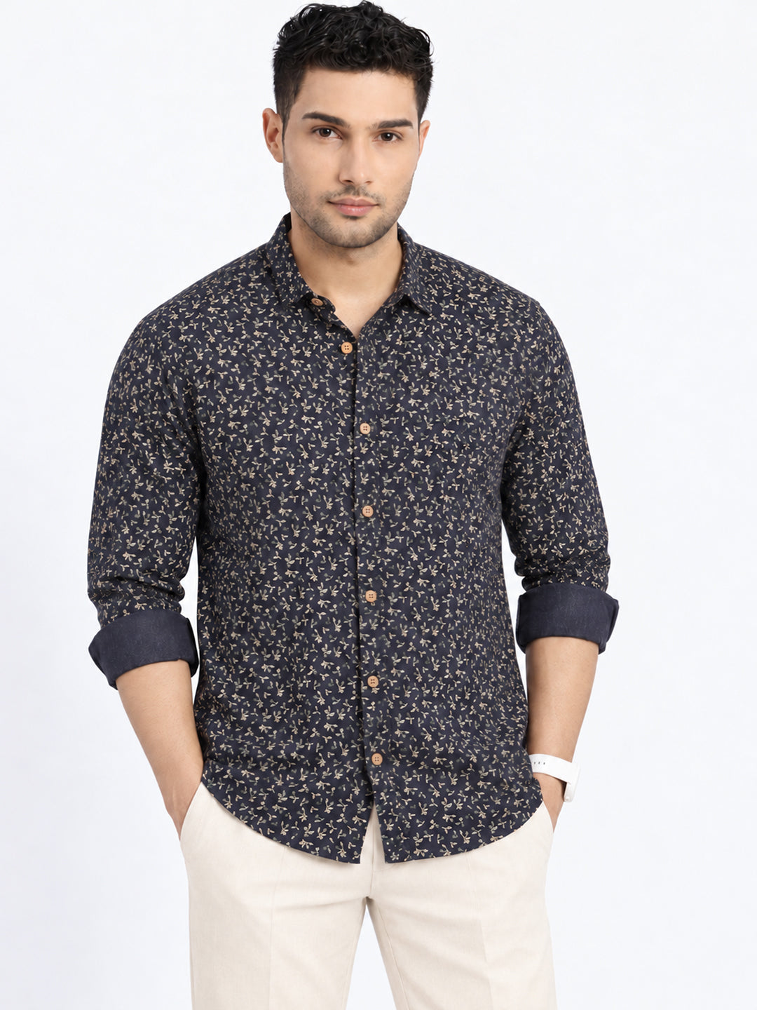 Men’s Micro Printed Navy Blue Slim Fit Long Sleeves Casual Shirt