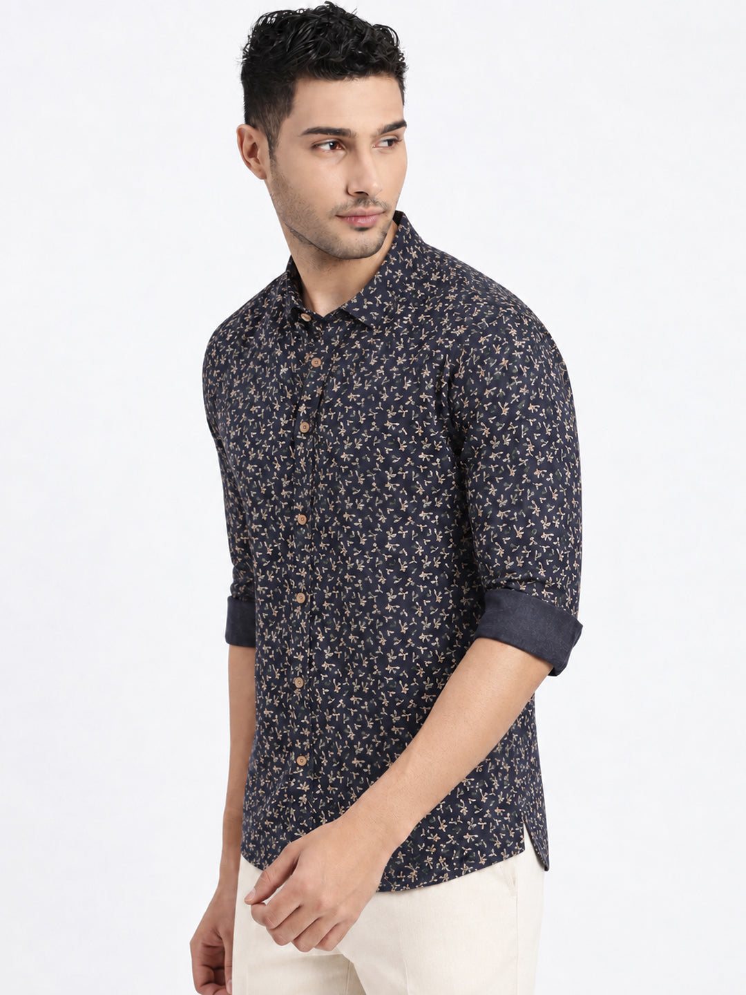 Men’s Micro Printed Navy Blue Slim Fit Long Sleeves Casual Shirt