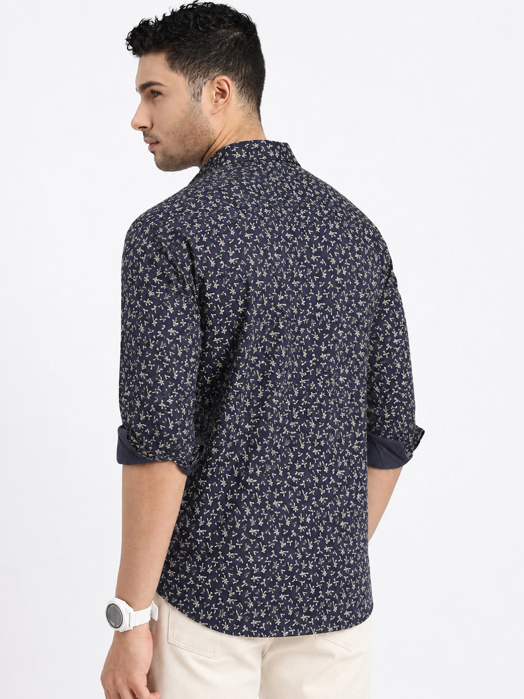 Men’s Micro Printed Navy Blue Slim Fit Long Sleeves Casual Shirt