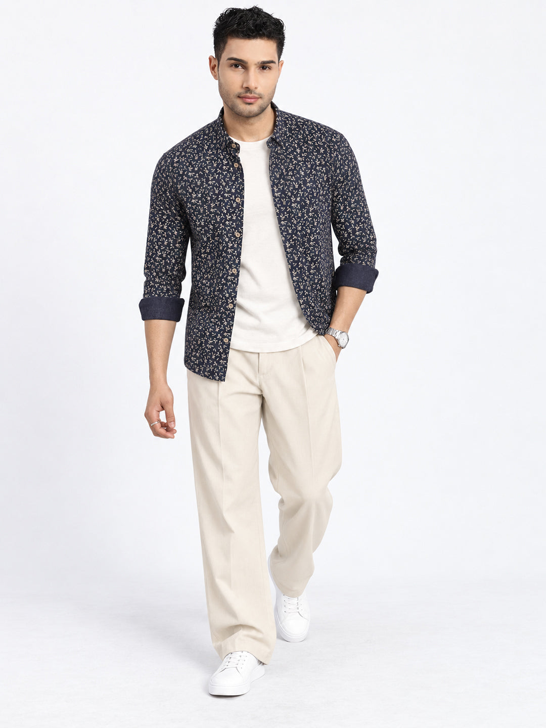 Men’s Micro Printed Navy Blue Slim Fit Long Sleeves Casual Shirt