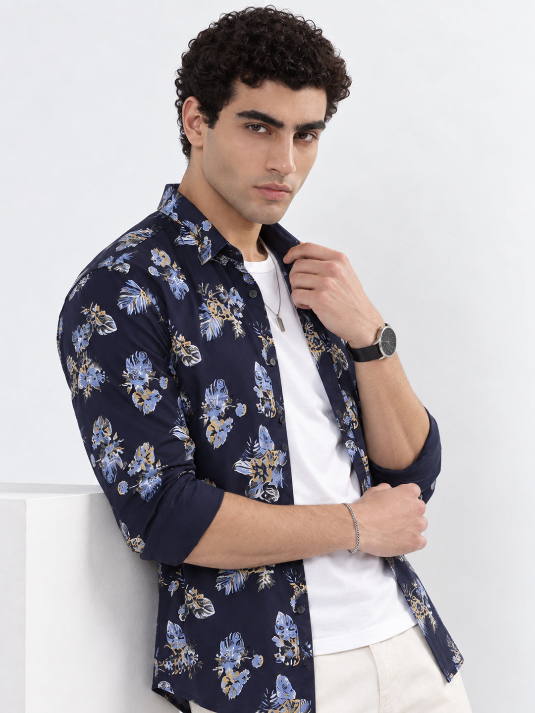 Men’s Floral Printed Navy Blue Slim Fit Long Sleeves Shirt