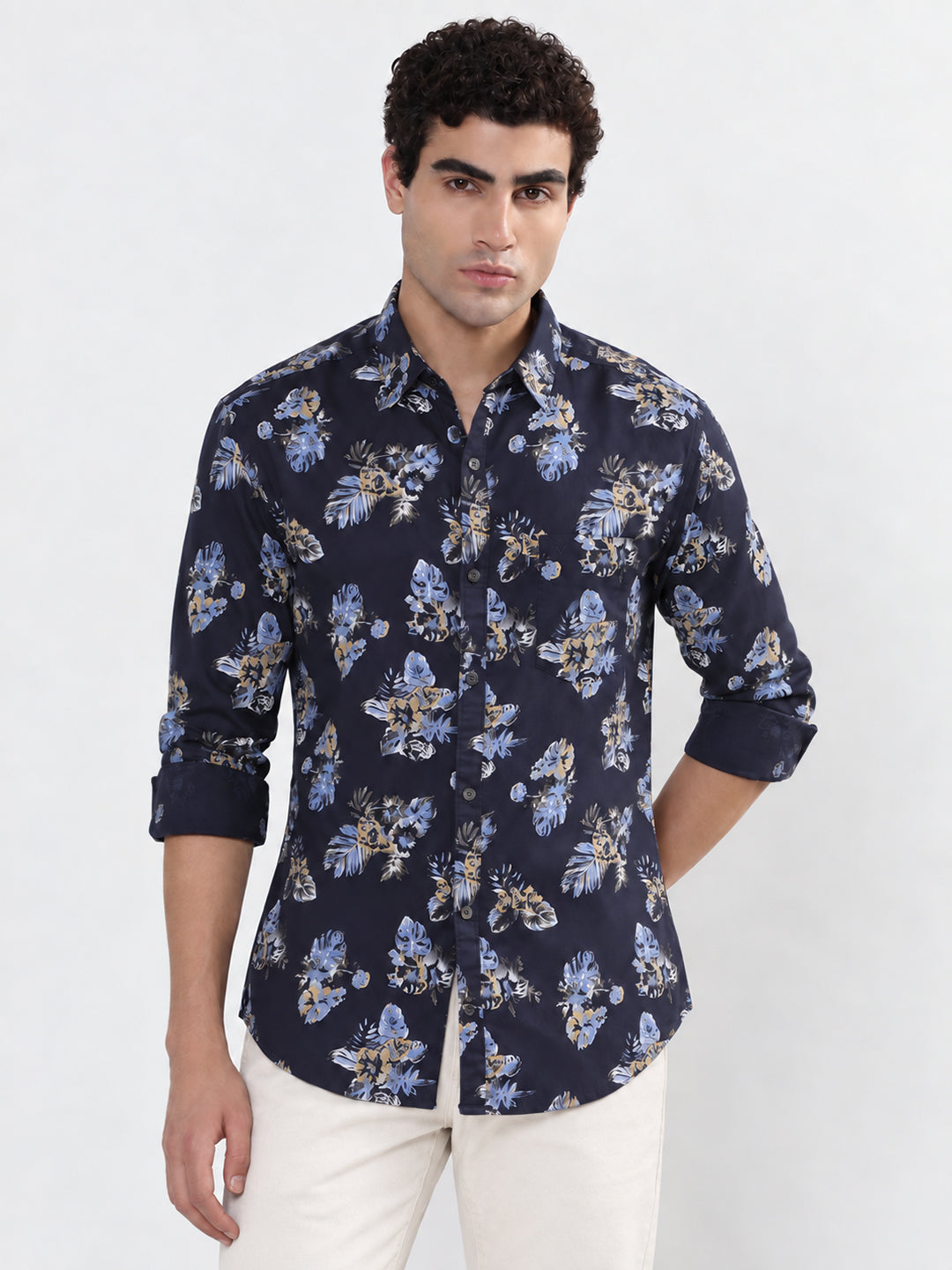 Men’s Floral Printed Navy Blue Slim Fit Long Sleeves Shirt
