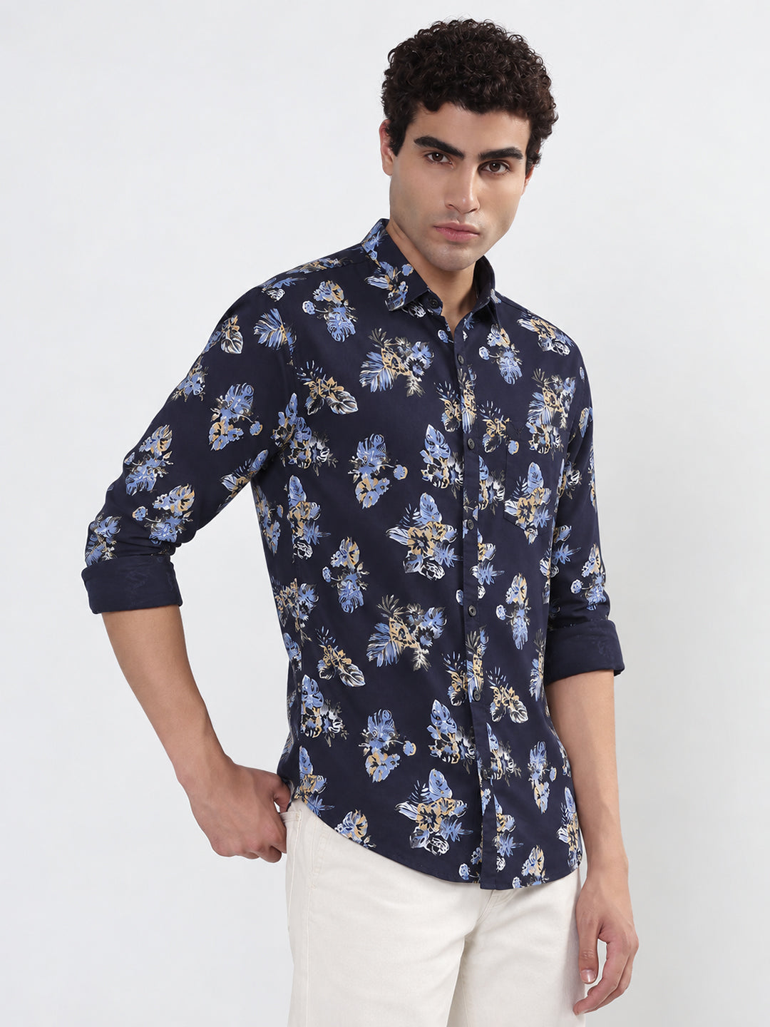 Men’s Floral Printed Navy Blue Slim Fit Long Sleeves Shirt