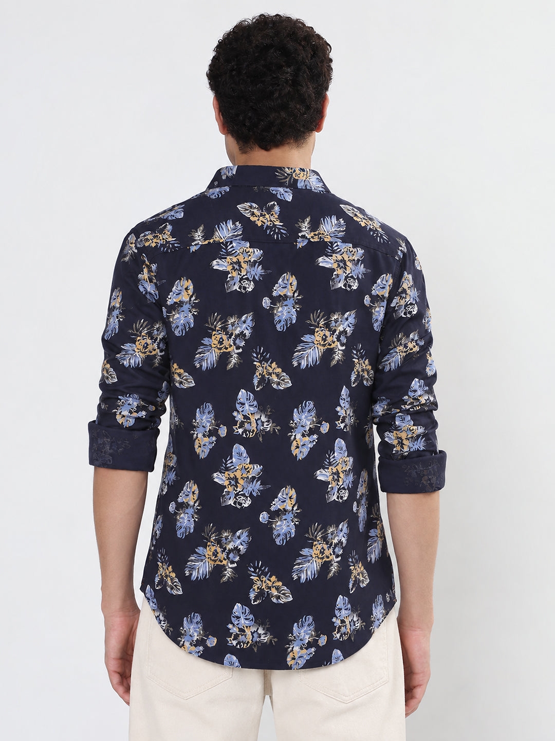 Men’s Floral Printed Navy Blue Slim Fit Long Sleeves Shirt