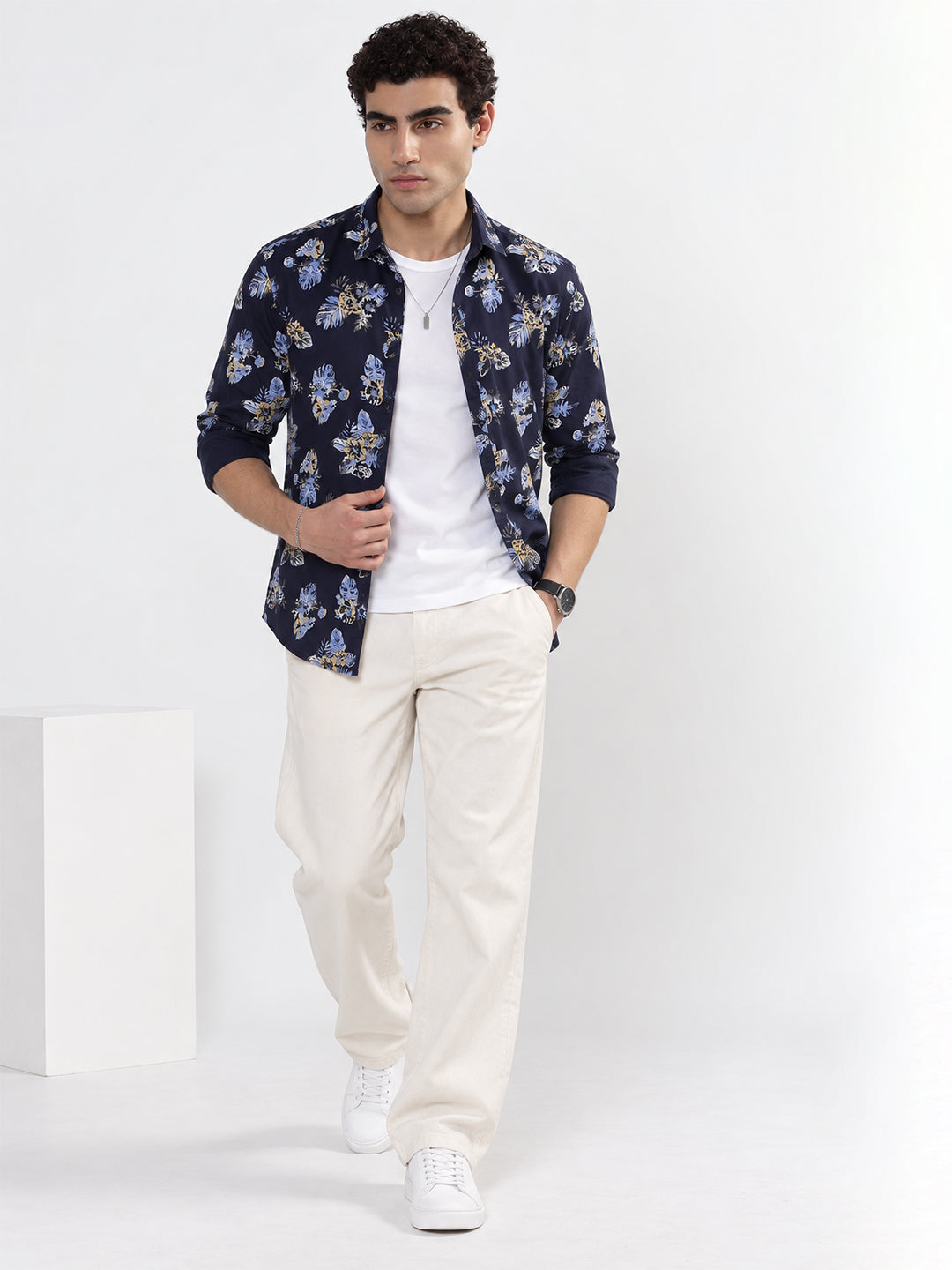 Men’s Floral Printed Navy Blue Slim Fit Long Sleeves Shirt