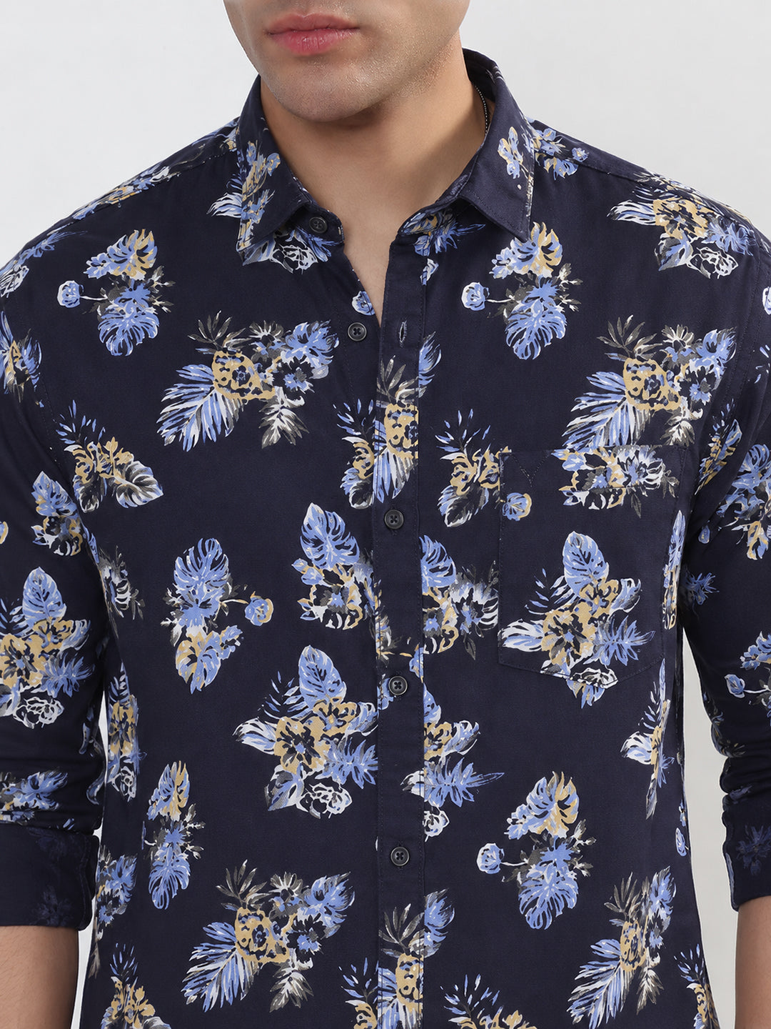 Men’s Floral Printed Navy Blue Slim Fit Long Sleeves Shirt
