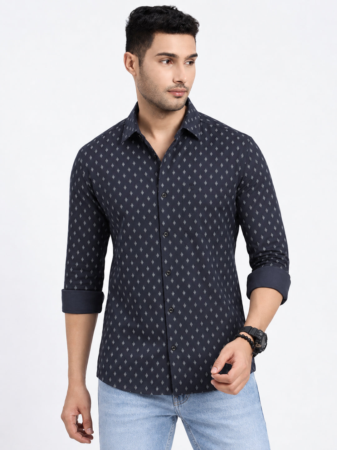 Men’s Geometric Printed Navy Blue Slim Fit Long Sleeves Casual Shirt