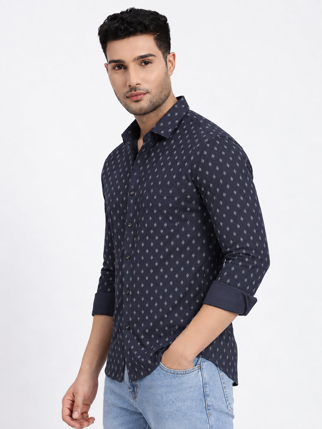 Men’s Geometric Printed Navy Blue Slim Fit Long Sleeves Casual Shirt