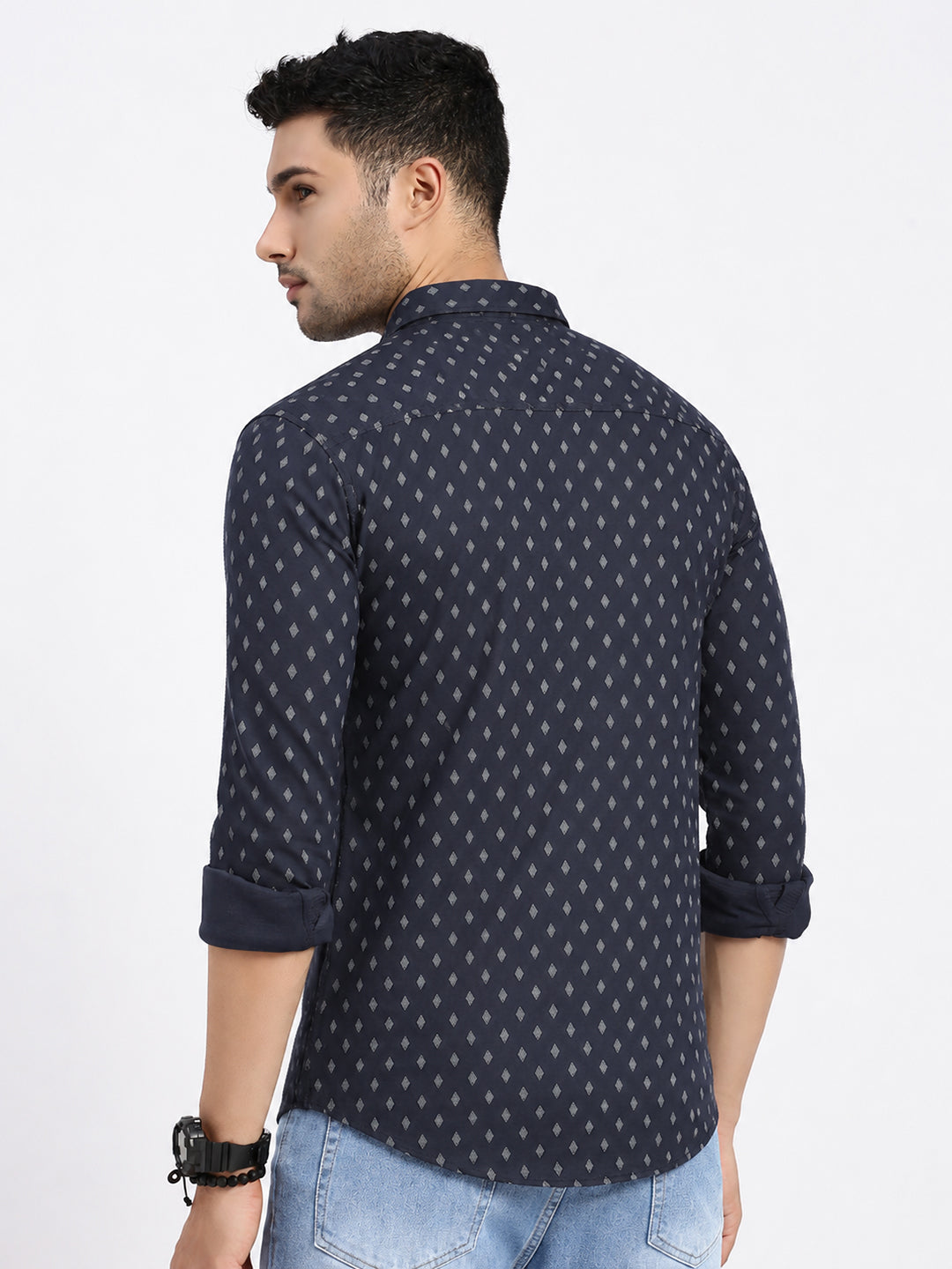 Men’s Geometric Printed Navy Blue Slim Fit Long Sleeves Casual Shirt