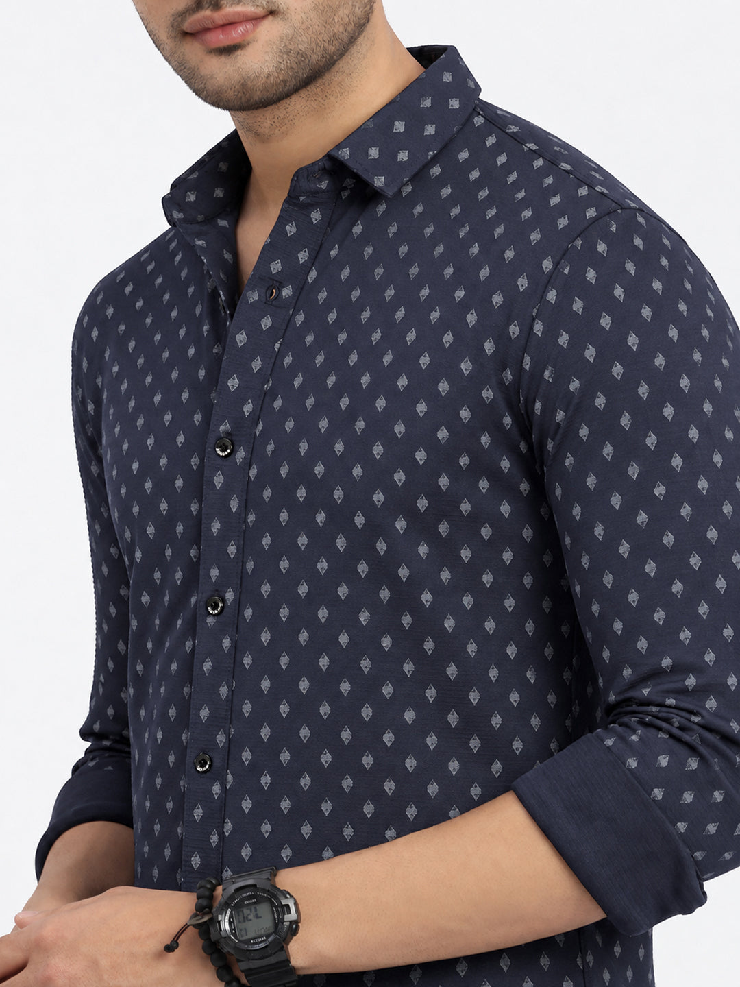 Men’s Geometric Printed Navy Blue Slim Fit Long Sleeves Casual Shirt
