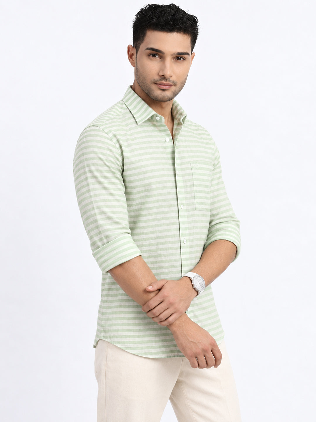 Men’s Striped Green Long Sleeves Casual Shirt