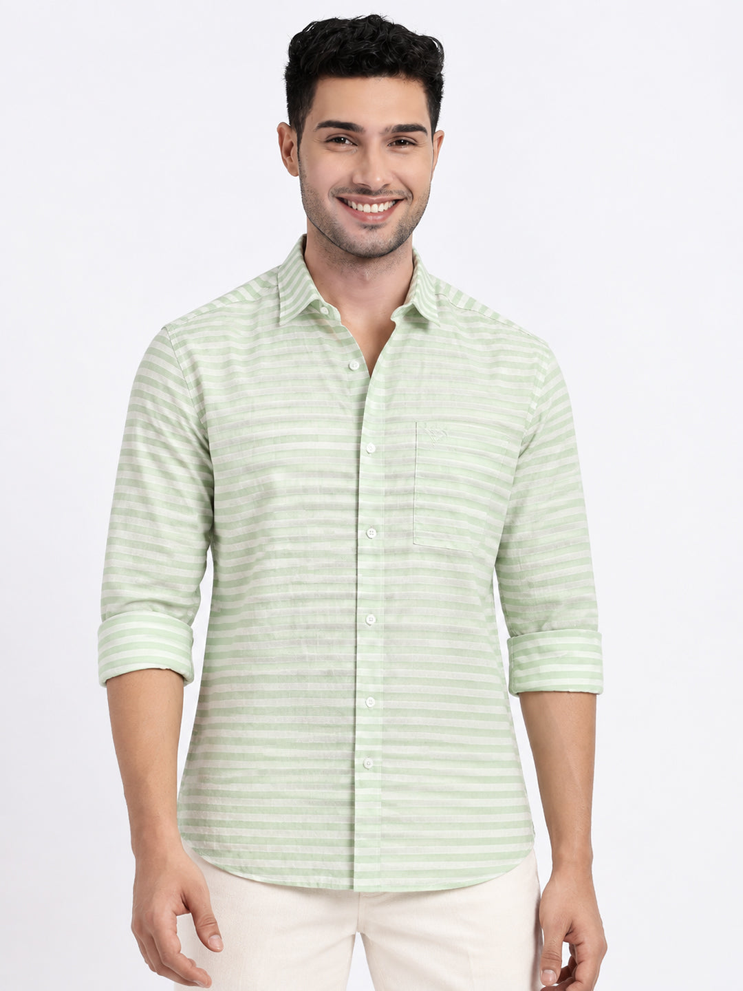 Men’s Striped Green Long Sleeves Casual Shirt