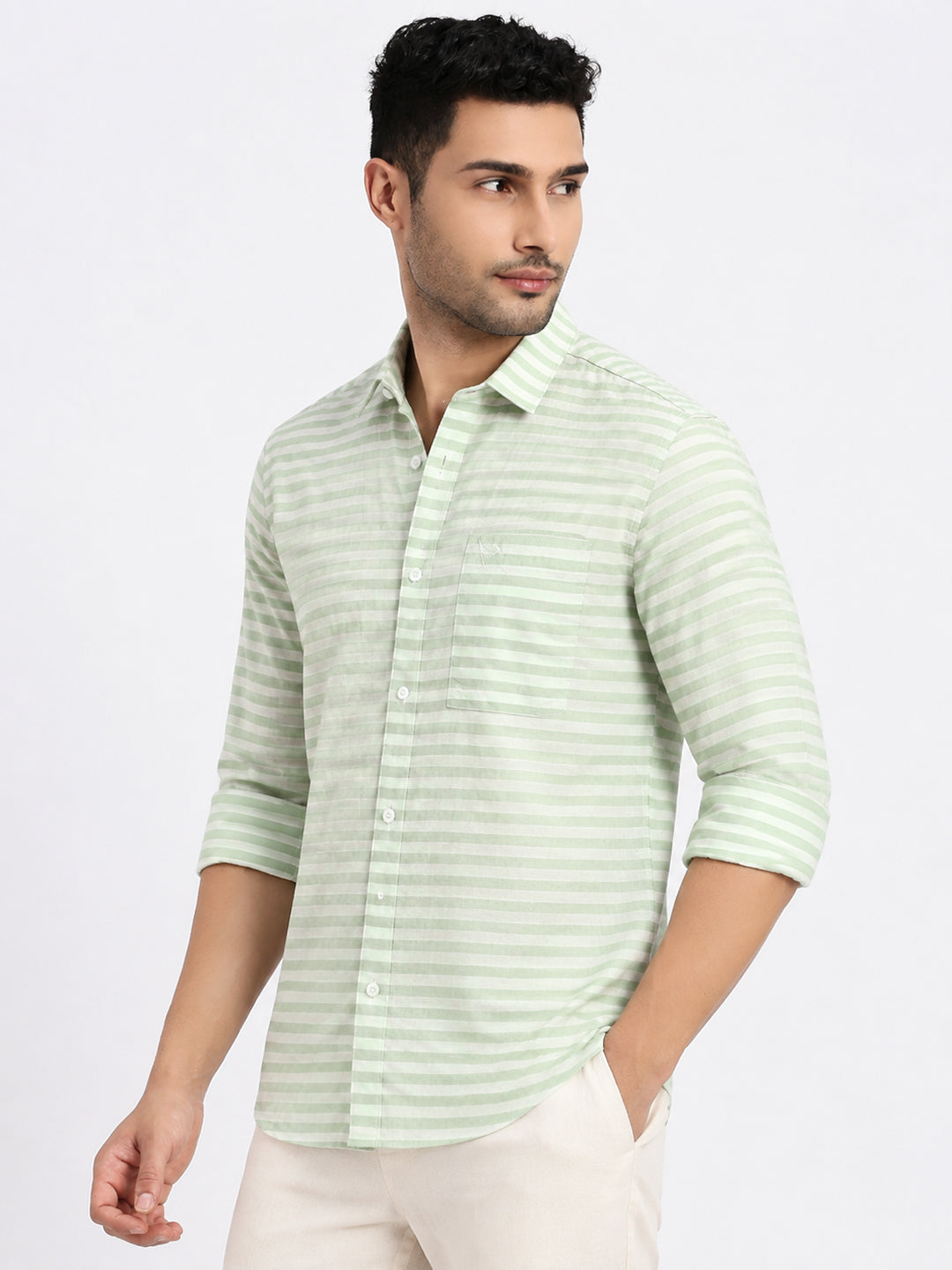 Men’s Striped Green Long Sleeves Casual Shirt
