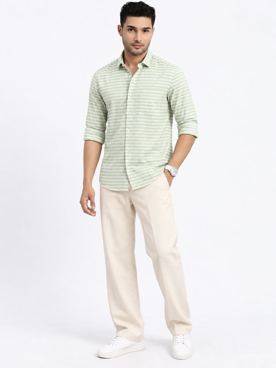 Men’s Striped Green Long Sleeves Casual Shirt