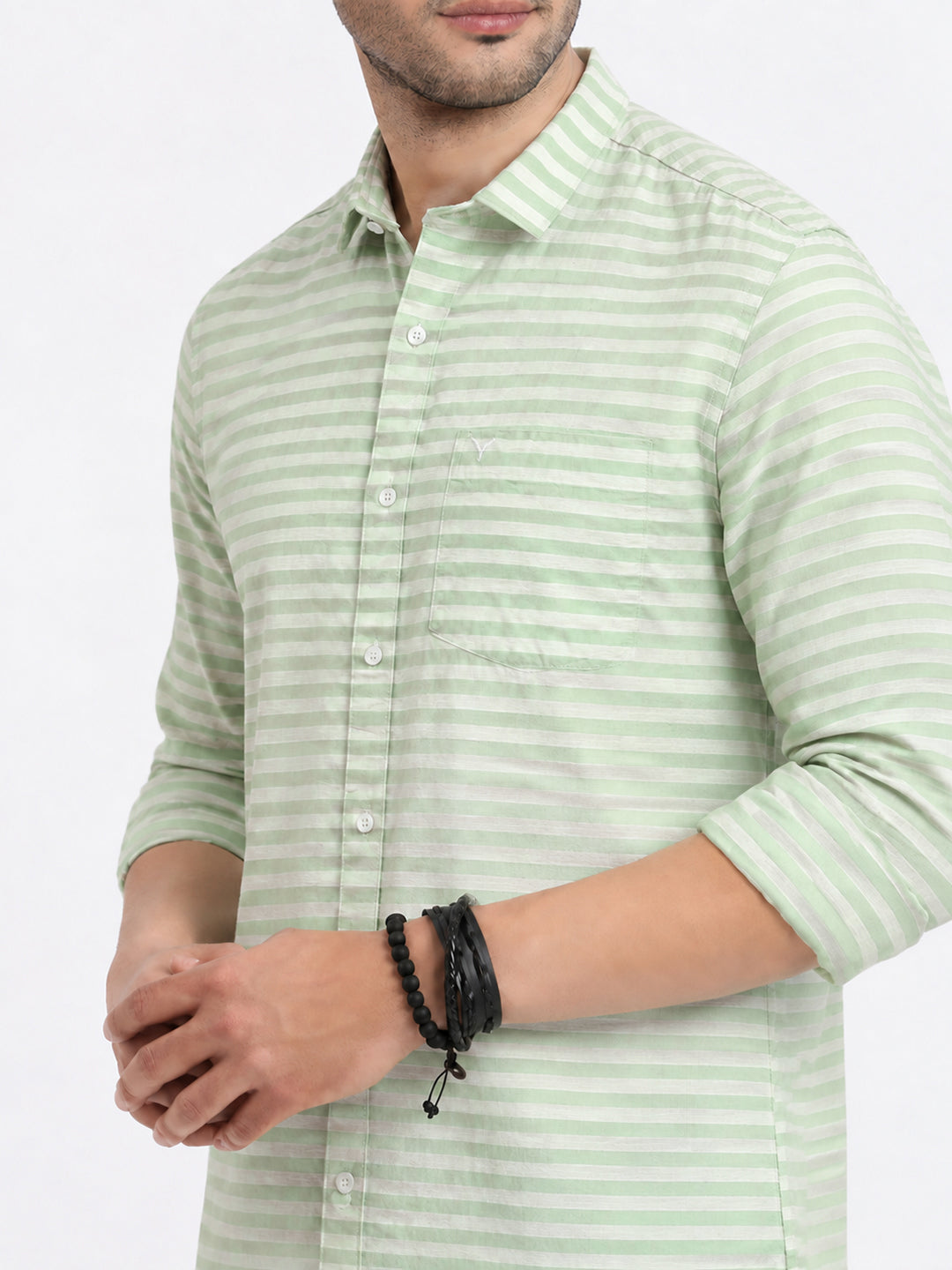 Men’s Striped Green Long Sleeves Casual Shirt